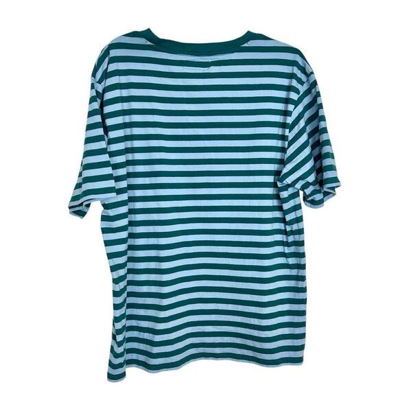 Guess Mens T-Shirt Medium Striped Short Sleeve 90s Y2K Spellout Embroidered Blue - Picture 4 of 10